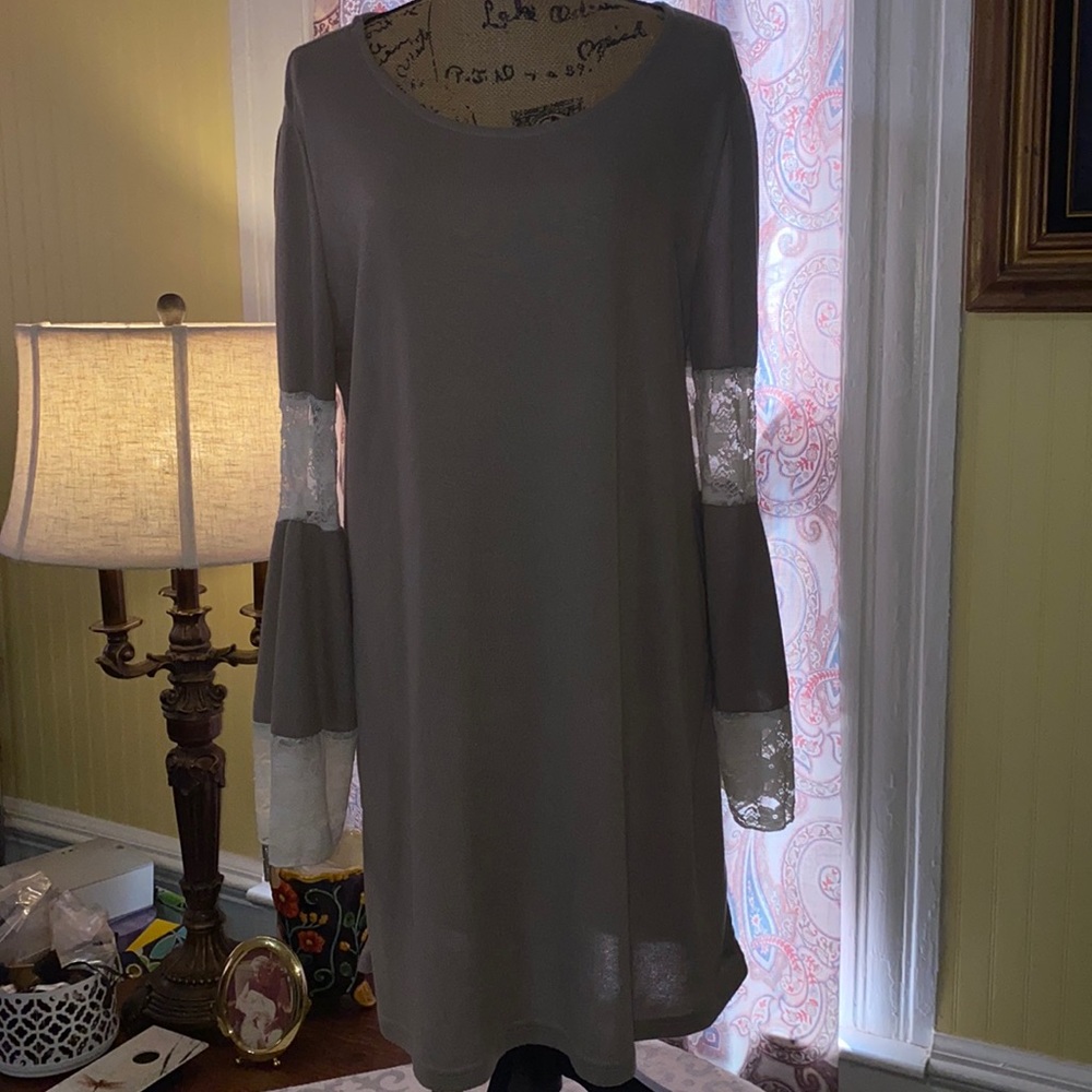 Ice Silk 1X Taupe with Cream Bands of Lace Bell Sleeve Pull On Tunic Top Dress.